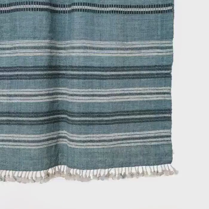 Teal Blue Striped Indian Wool Throw Blanket, Handwoven Sofa Coverlet & Bed Runner - SAPPHIRE