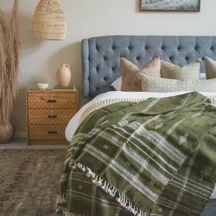 Olive Green Indian Wool Throw Blanket, Handwoven Sofa Coverlet & Boho Bed Runner - OLIVER