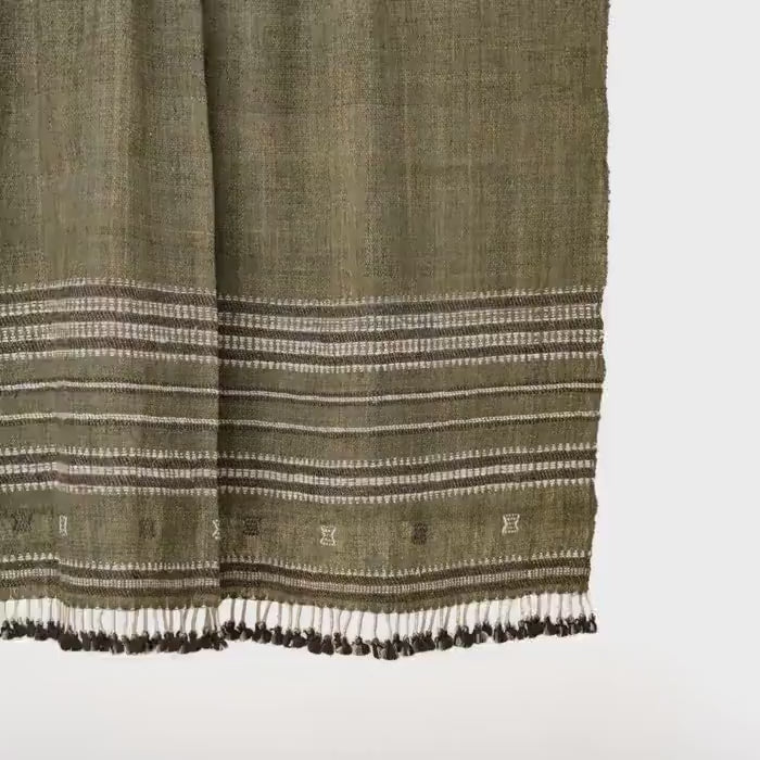 Olive Green Striped Indian Wool Throw Blanket, Handwoven Sofa Coverlet & Bed Runner - GARNET